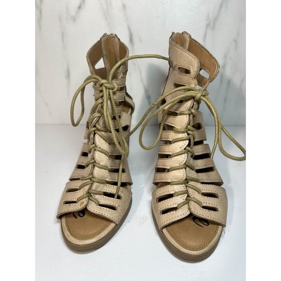 Rampage Heel Sandals Womens Size 6.5  Beige Lace Up Cut Out Peep Toe Leather - Picture 13 of 13